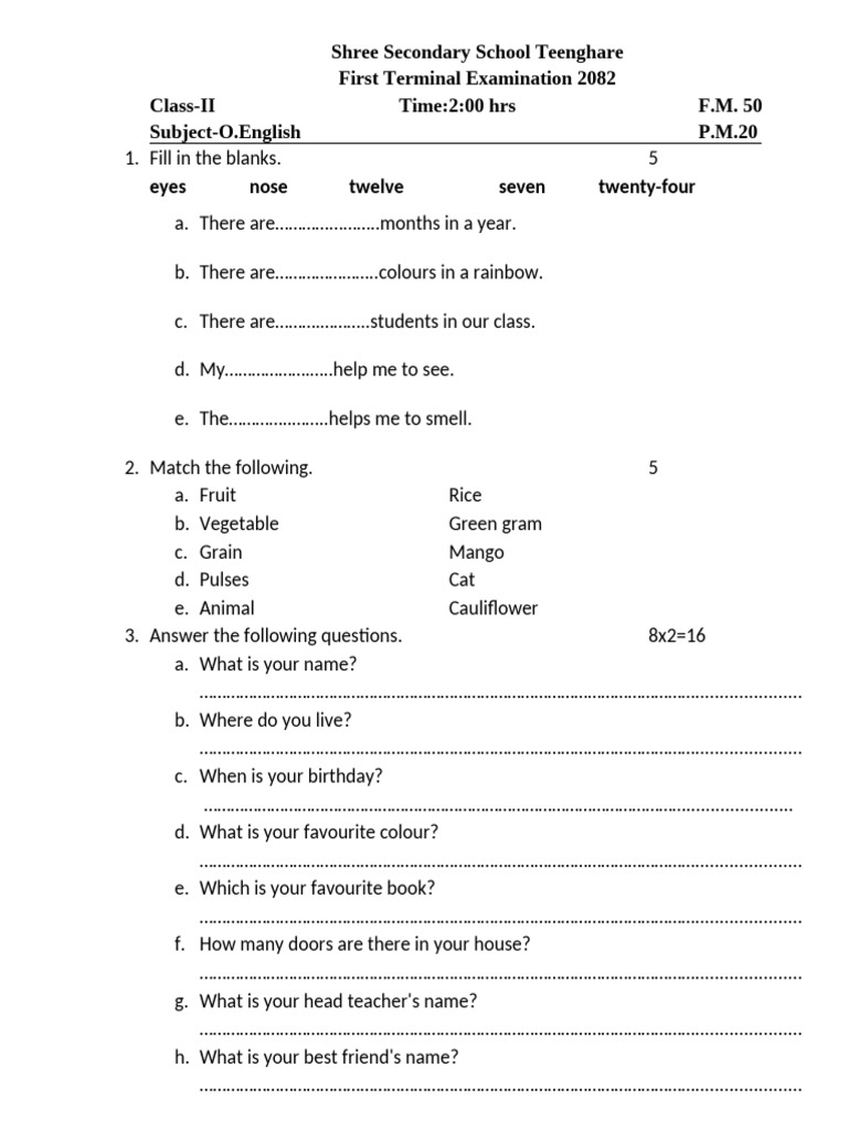 Class II English Exam Paper 2082 | PDF