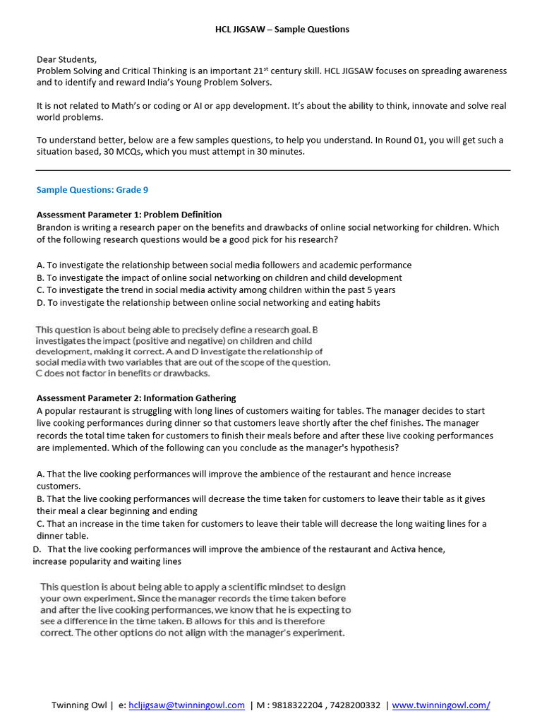 Problem Solving - Sample Questions - Grade 9 | PDF | Educational ...