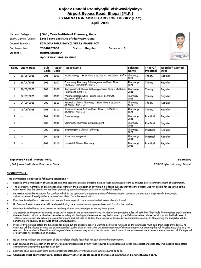 Diploma Pharmacy Exam Instructions 2025 | PDF