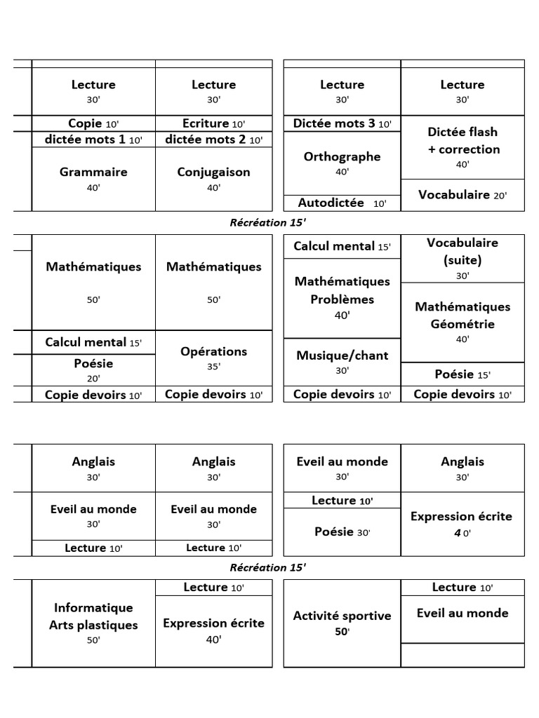 Emploi du temps CE1 2024/25 | PDF | Linguistique | Science