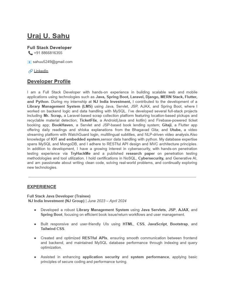 Full Stack Developer Profile & Projects | PDF | Java (Programming ...