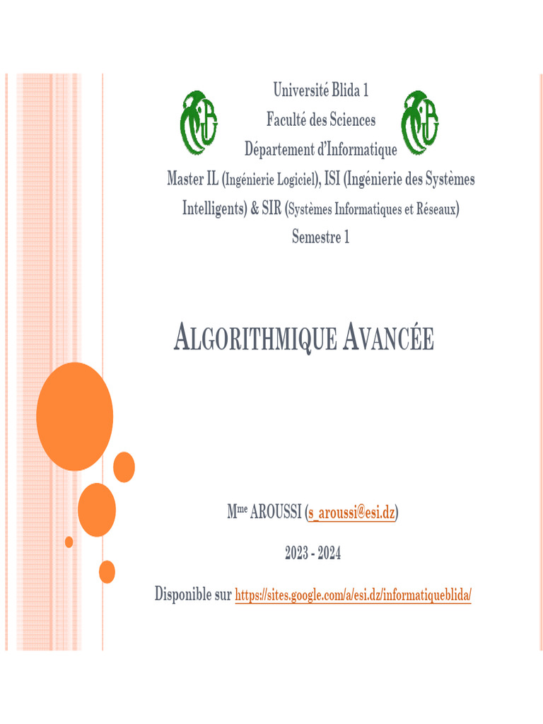 Cours d'Algorithmique Avancée 2023-2024 | PDF | Algorithmes et ...