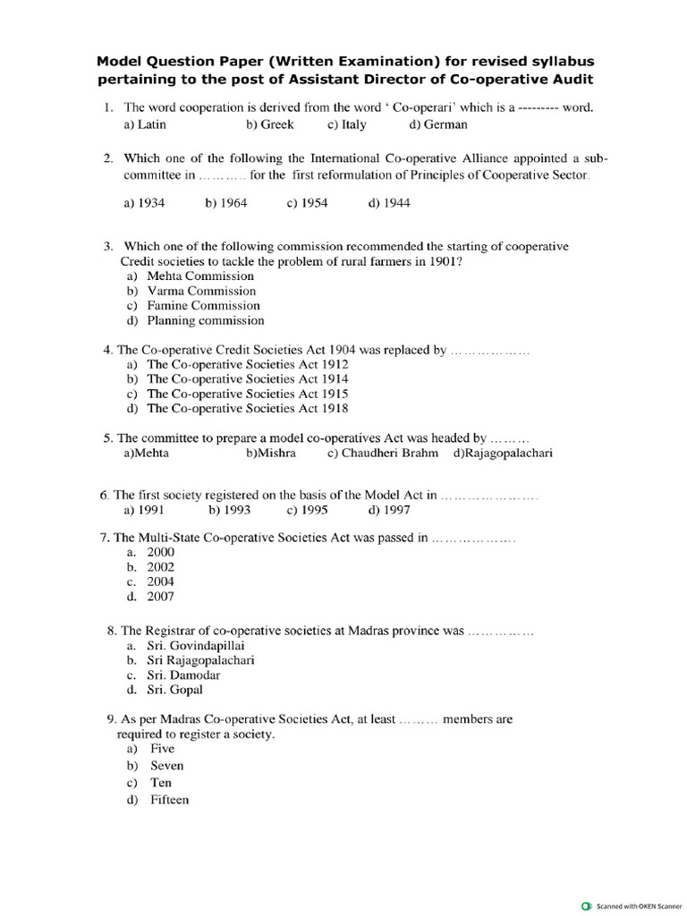 Model Question Paper AsstDirector Co Op Audit | PDF