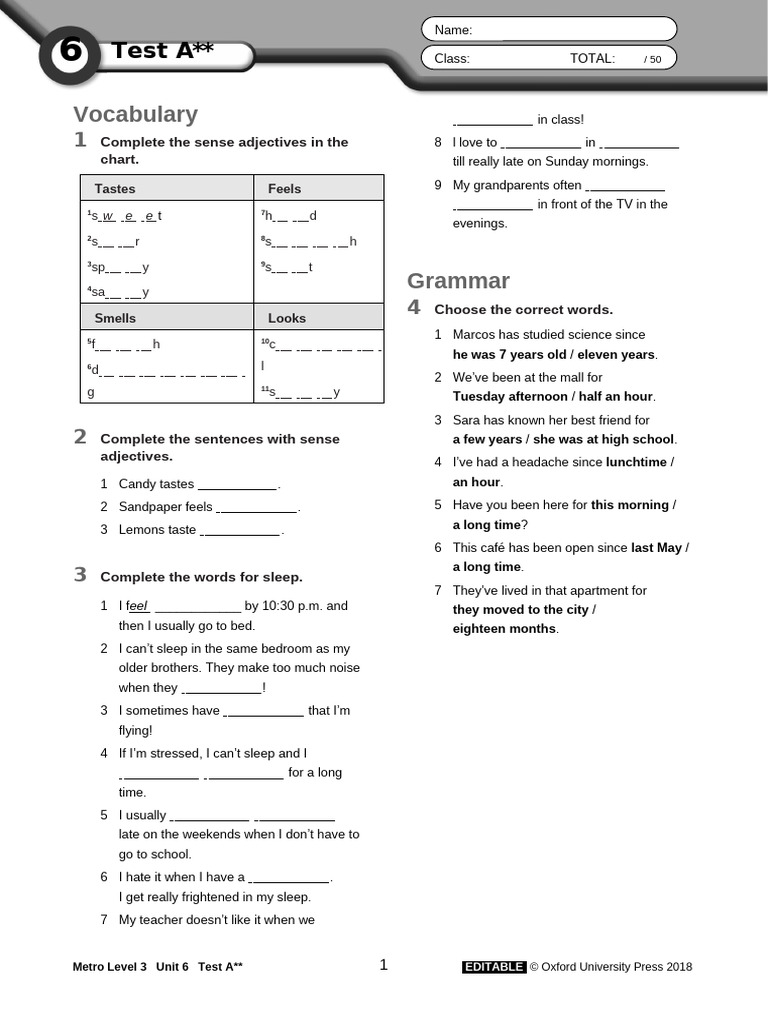 Metro Level 3 Unit 6 Test A Vocabulary | PDF