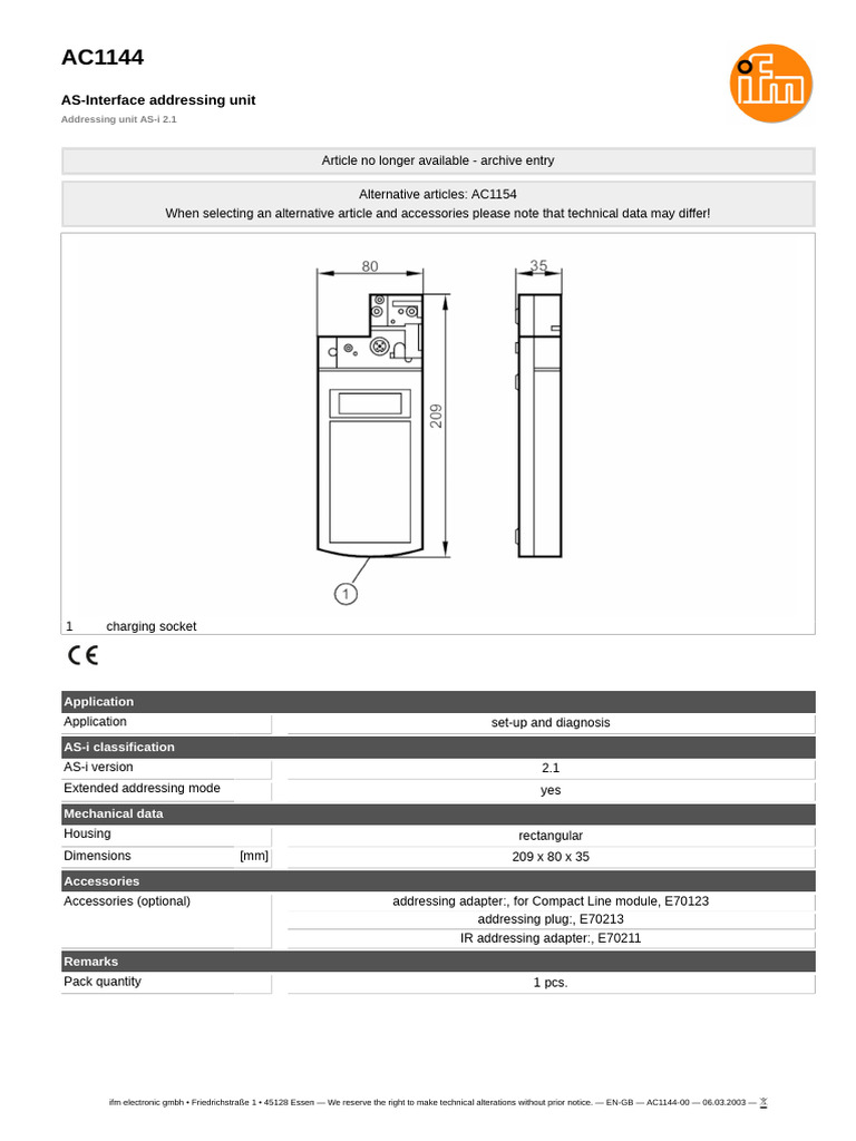 AS-Interface Addressing Unit AC1144 | PDF