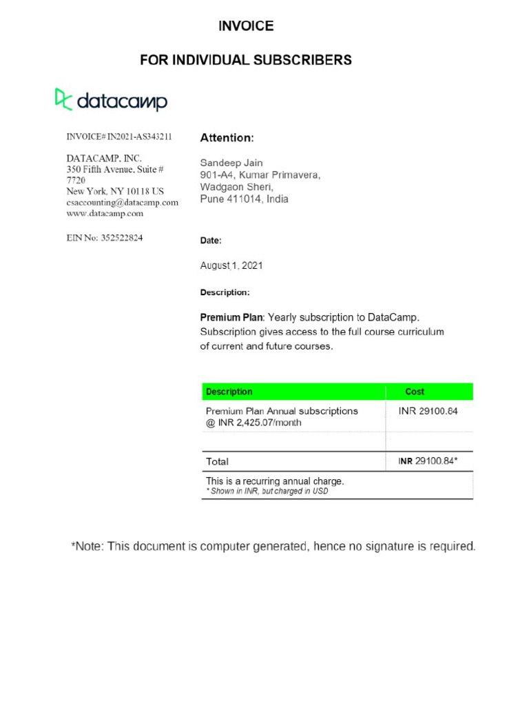 Professional Development - DataCampSubscription - Sandeep Jain Invoice ...