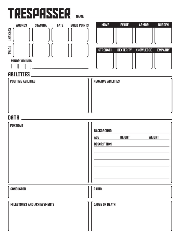 Trespasser RPG Character Sheet Fillable | PDF