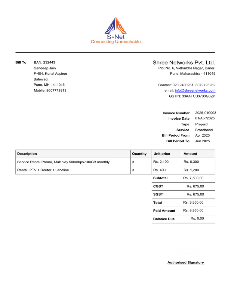 Internet Bill Invoice for 2024 | PDF | Accounting | Business Documents