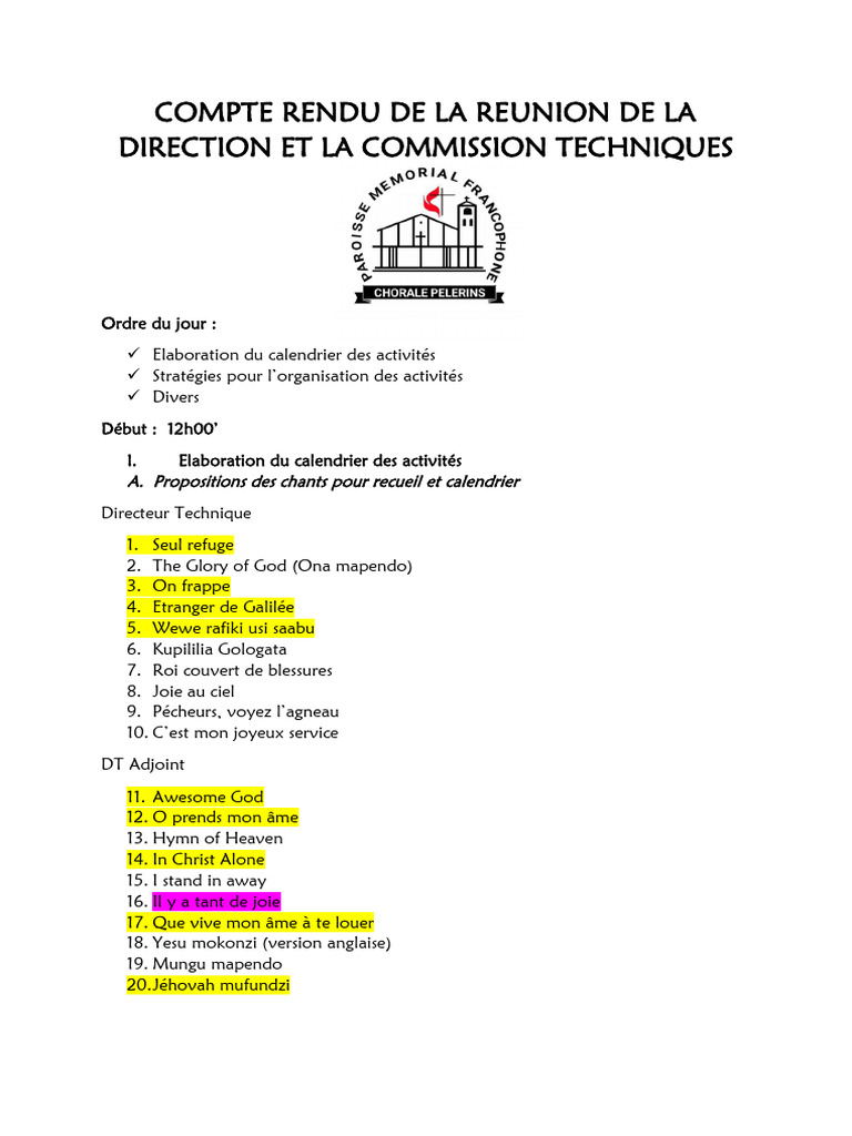 Compte Rendu de La Reunion de La Direction Technique Et La Commission ...