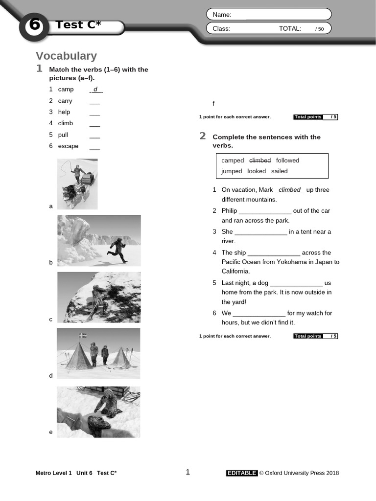 Metro Level 1 Unit 6 Test C Vocabulary | PDF | Linguistics | Grammar