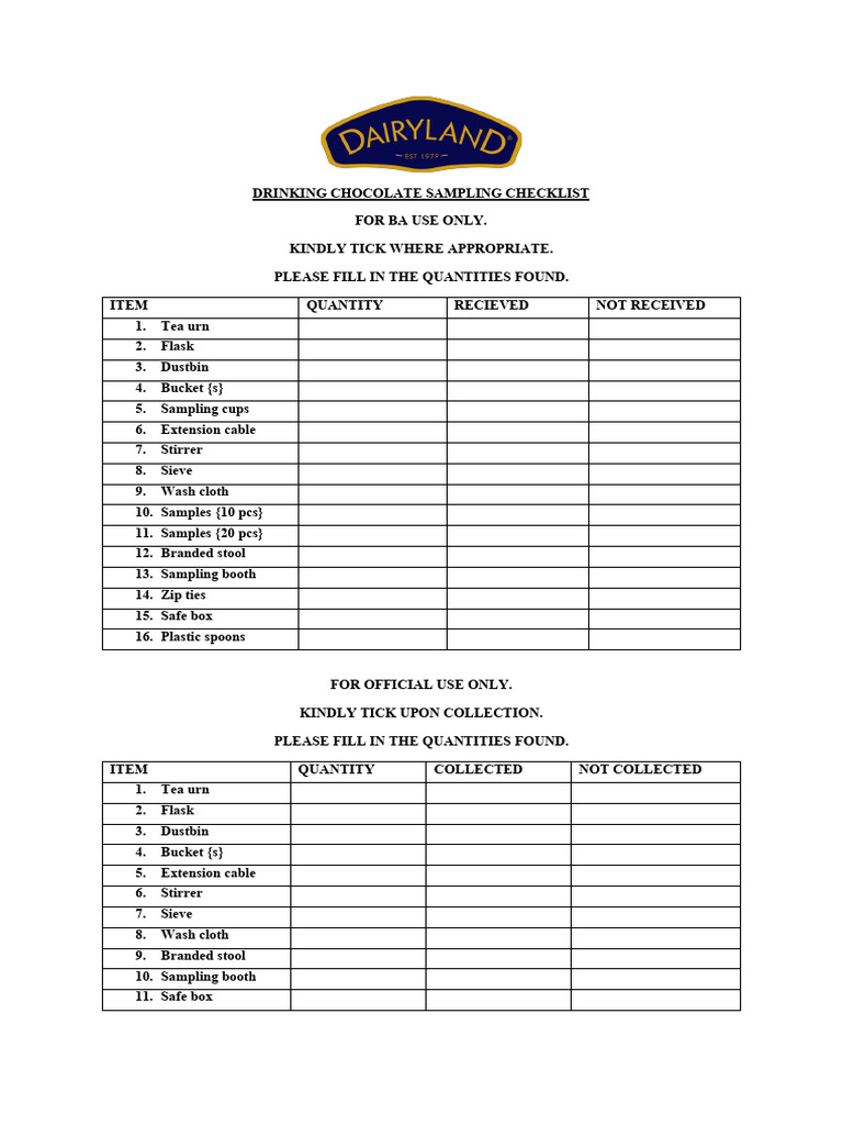 Drinking Chocolate Sampling Checklist | PDF