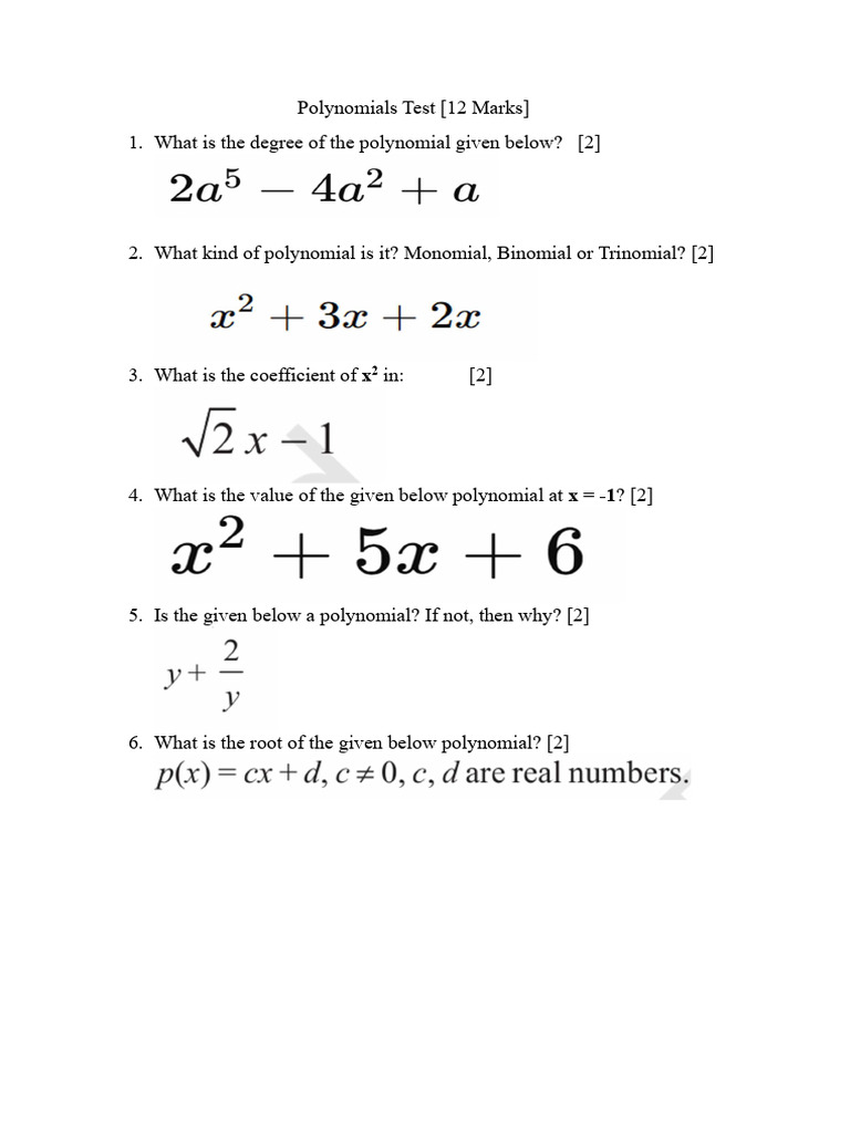 Polynomials Test Questions and Answers | PDF