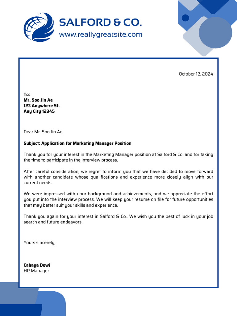 Marketing Manager Application Rejection Notice | PDF