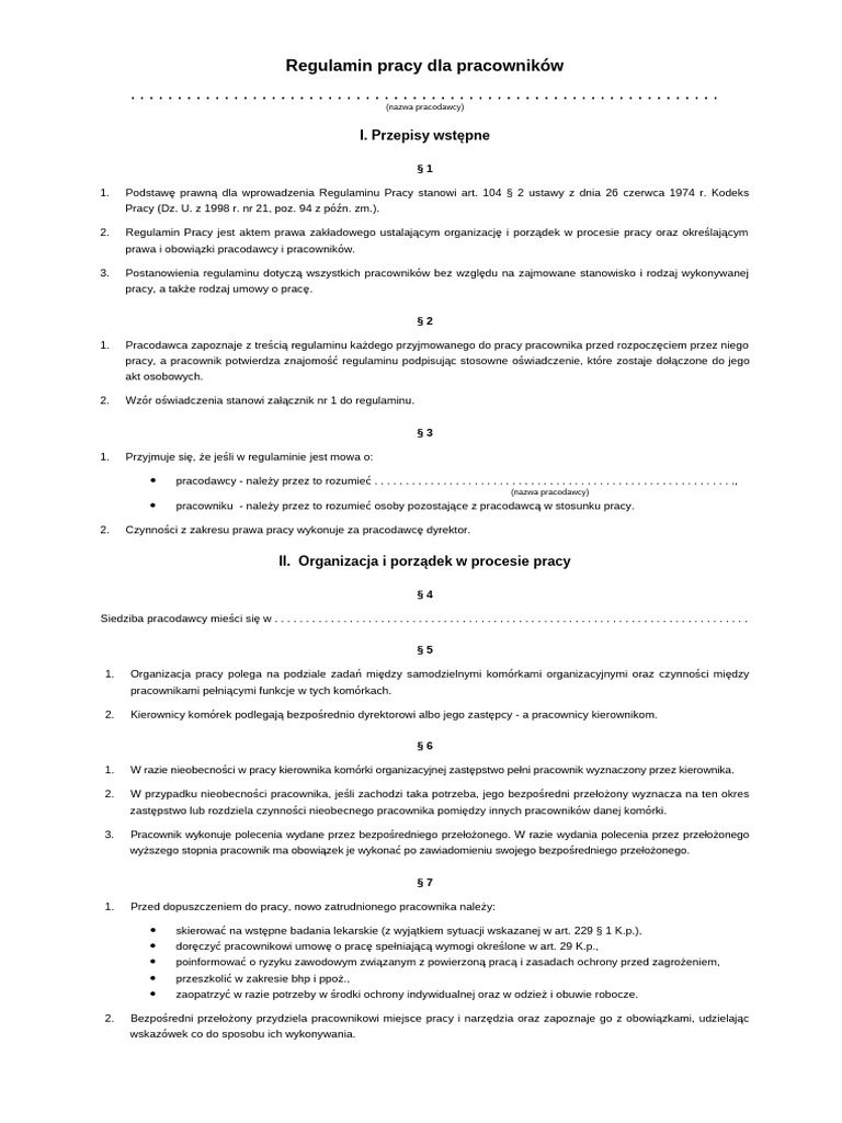 Regulamin Pracy Przyklad | PDF