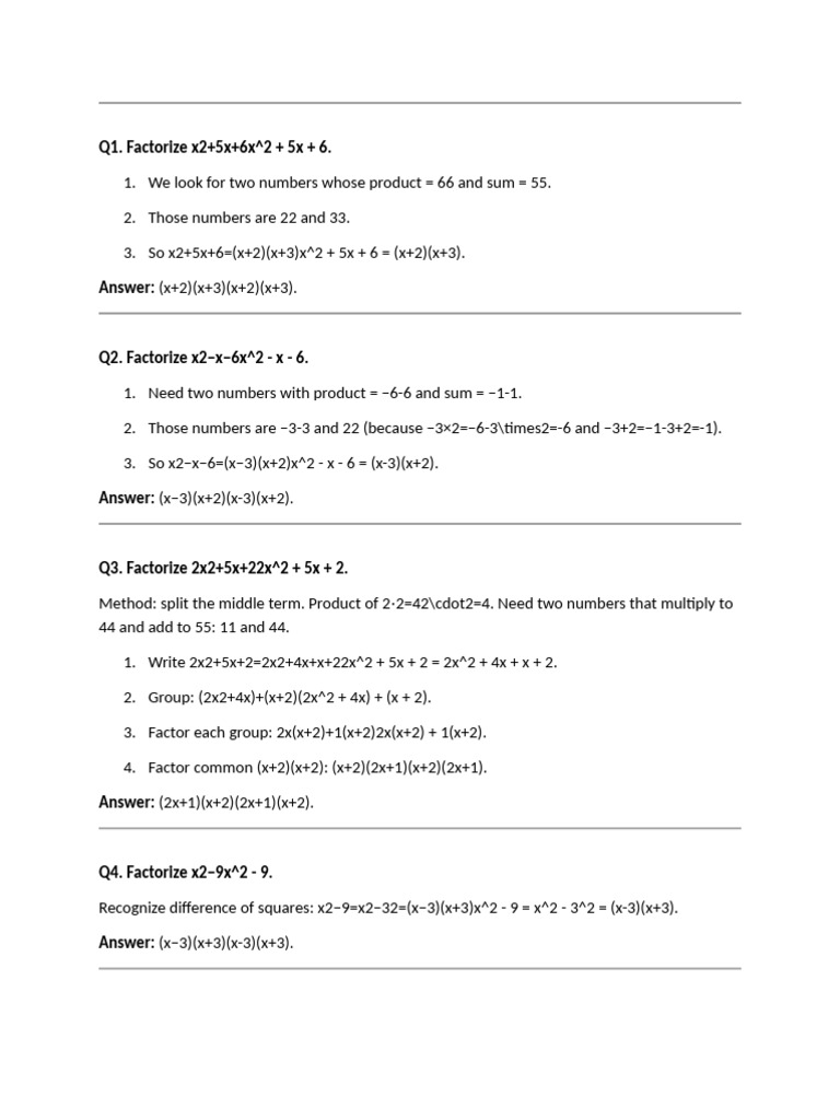 Q1. Factorize x2+5x+6x 2 + 5x + 6 | PDF