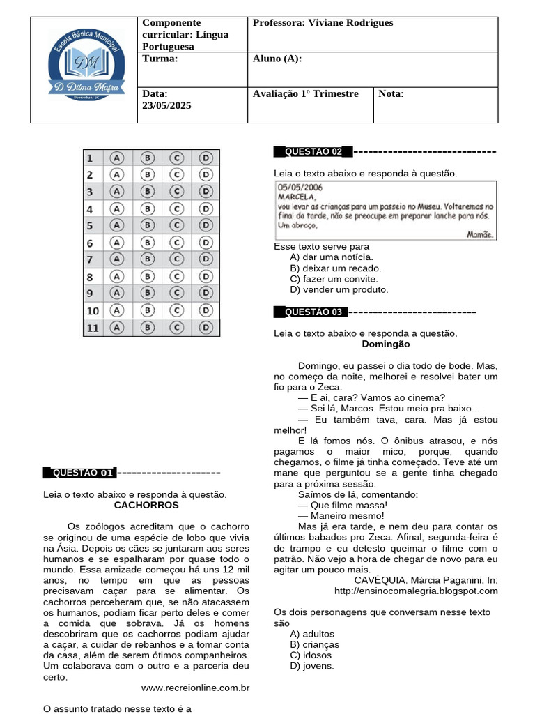 Avaliação de Português 1 Trimestre | PDF | Cães