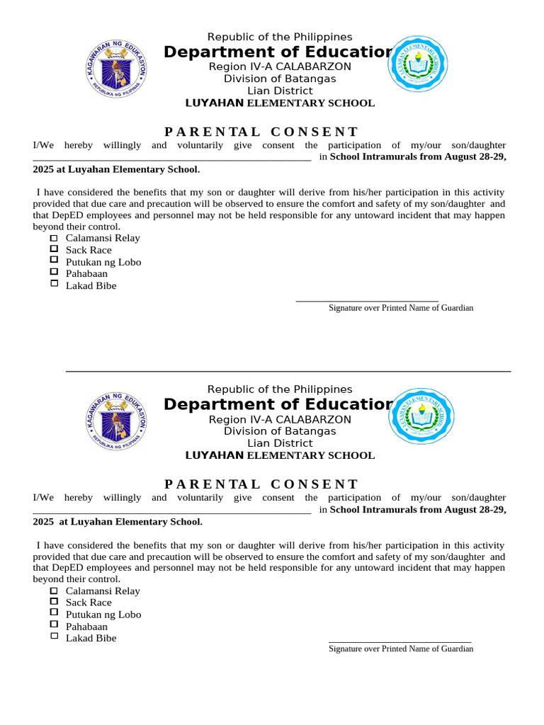 Parental Consent for Intramurals 2025 | PDF | Philippines