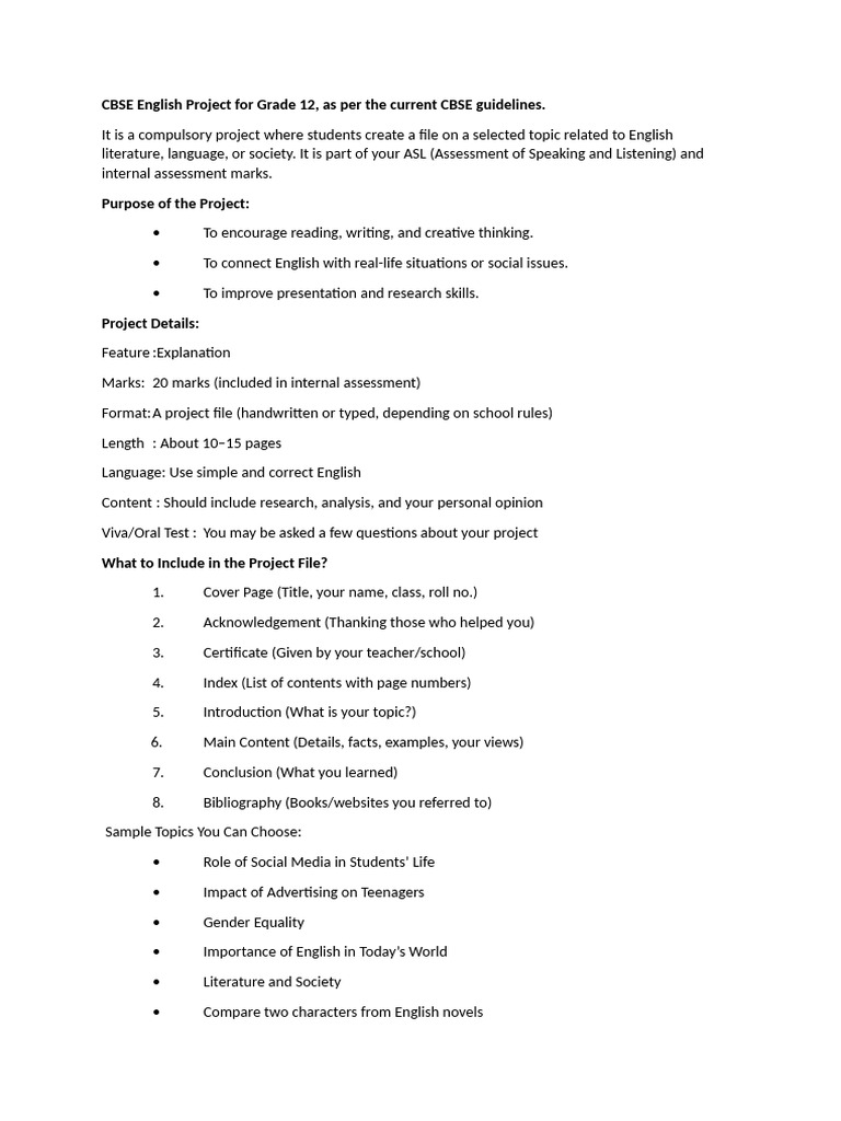 CBSE Grade 12 English Project Guide | PDF