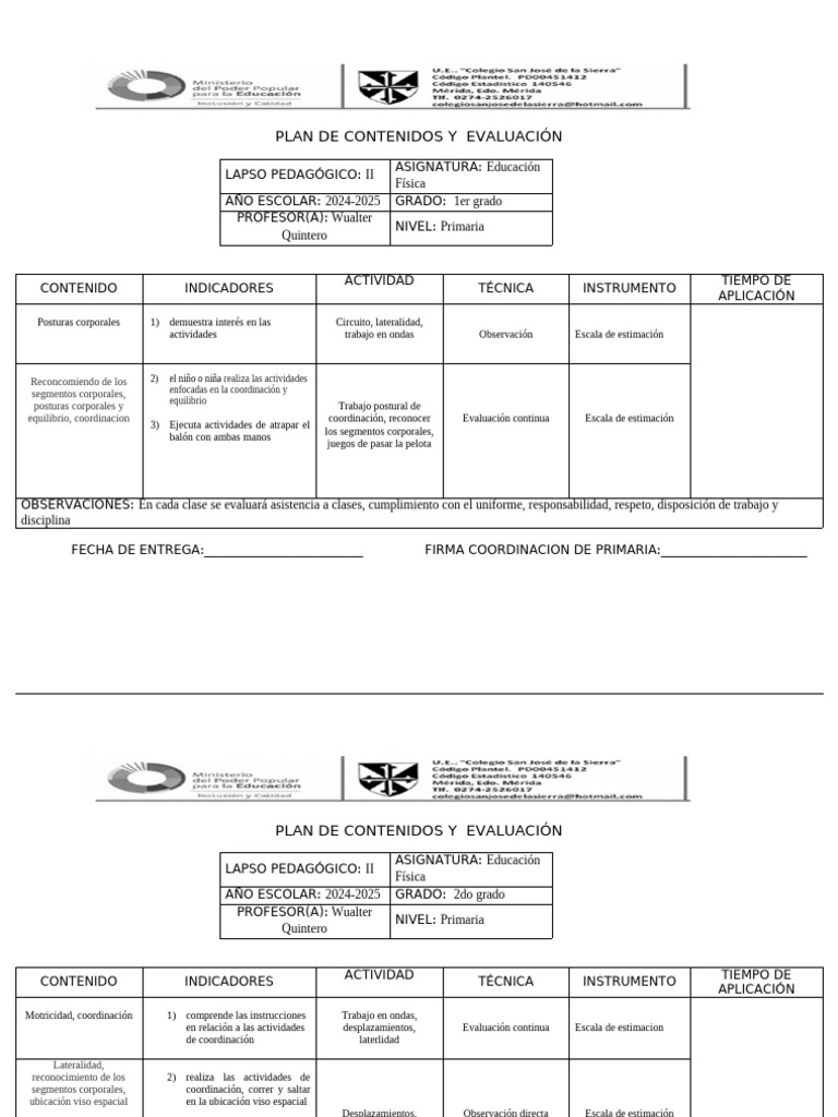 PLAN DE CONTENIDOS Y EVALUACIÓN PRIMARIA II Lapso 2024-2025 | PDF ...