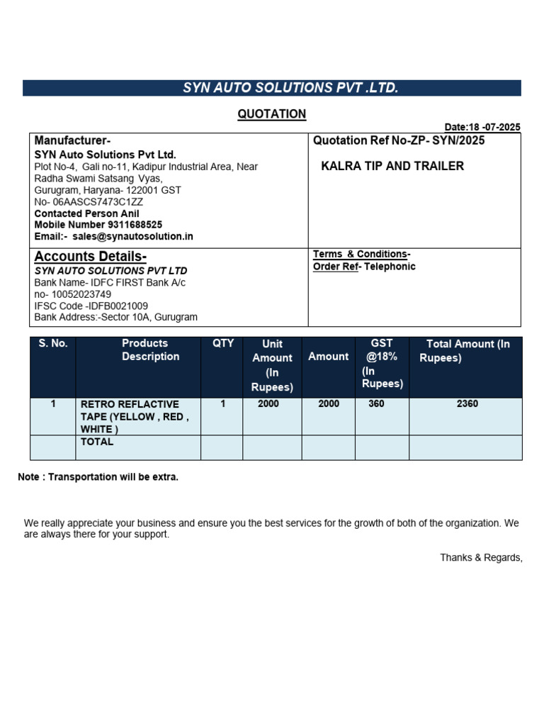 Kalra Tip Trailer Quotation Details | PDF