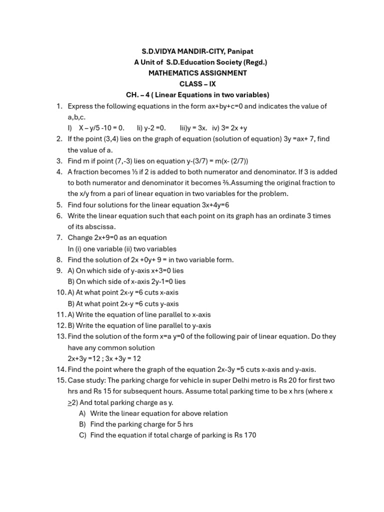 Class IX Linear Equations Assignment | PDF
