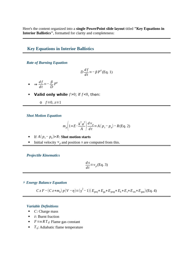 Key Equations in Interior Ballistics | PDF | Gases | Velocity