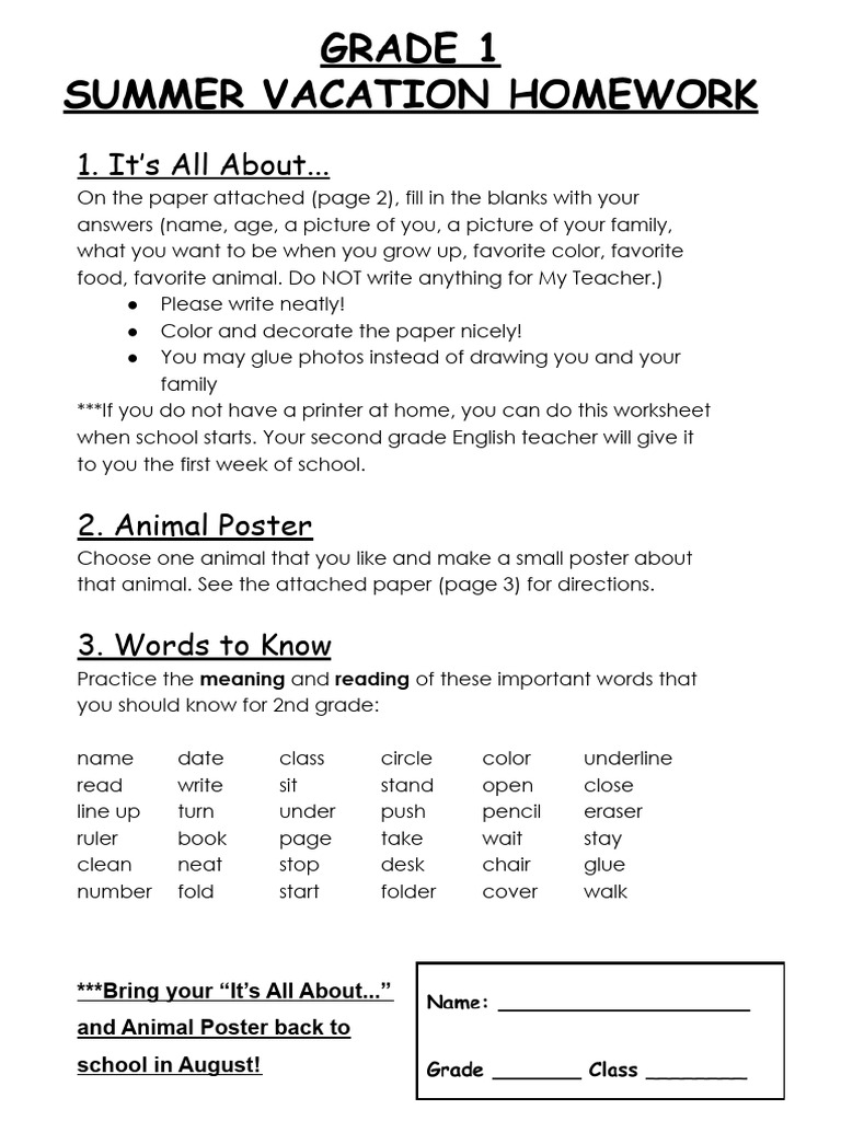 G1 Summer Vacation Homework 21-22 | PDF