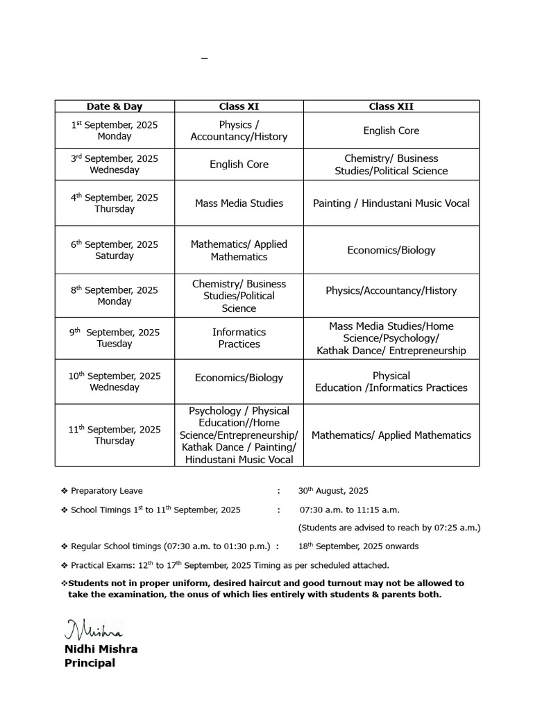 Class 11 Half Yearly Exam Schedule 2025 | PDF