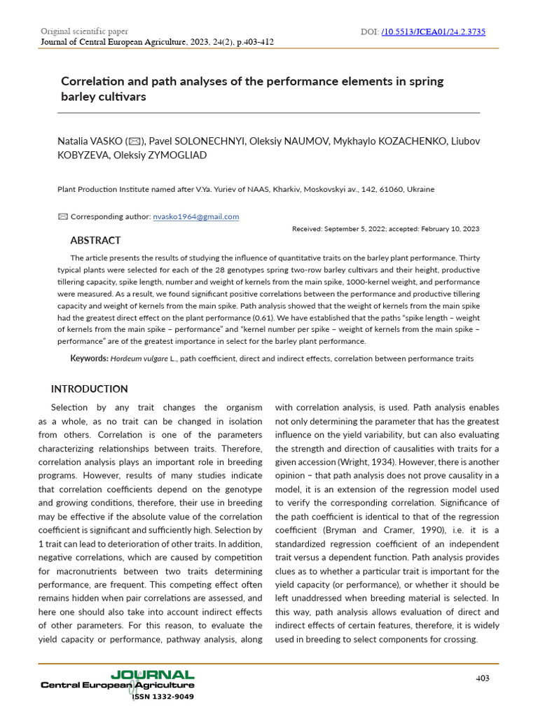 Barley Performance: Correlation & Path Analysis | PDF | Multivariate ...