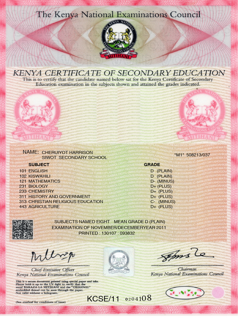 KCSE 2011 Results for Cheruiyot Harrison | PDF