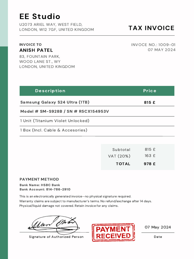 Invoice for Samsung Galaxy S24 Ultra | PDF