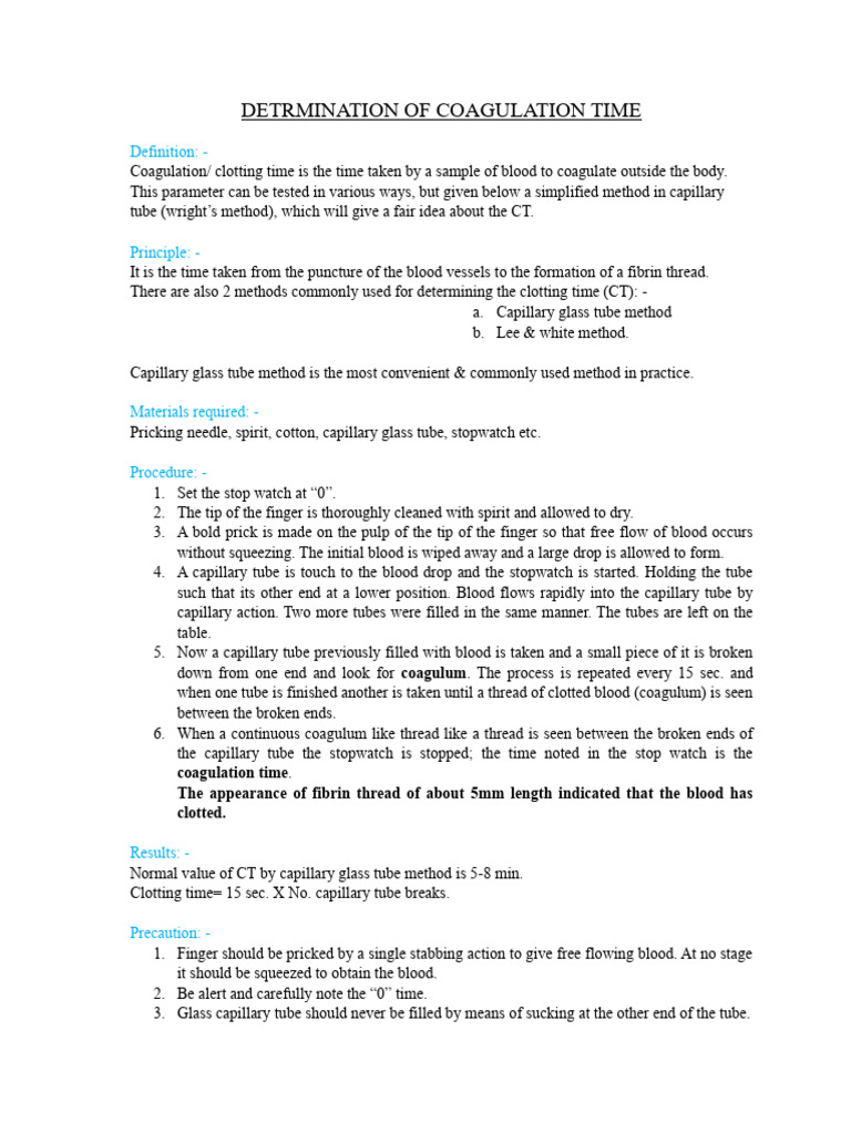 Capillary Tube Clotting Time Procedure | PDF | Coagulation | Thrombus