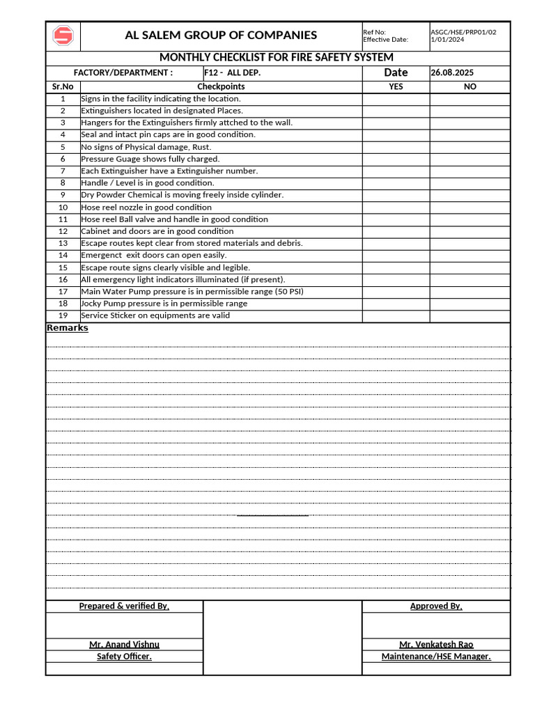Monthly Checklist For Fire Fightiing Facility | PDF
