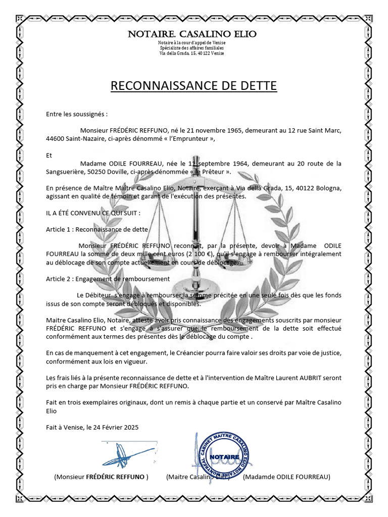 Reconnaissance de dette entre Reffuno et Fourreau | PDF | Dettes ...
