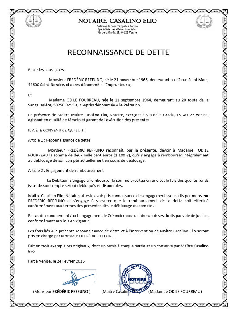 Reconnaissance de dette de 2100 € | PDF | Dettes | Passif (comptabilité)
