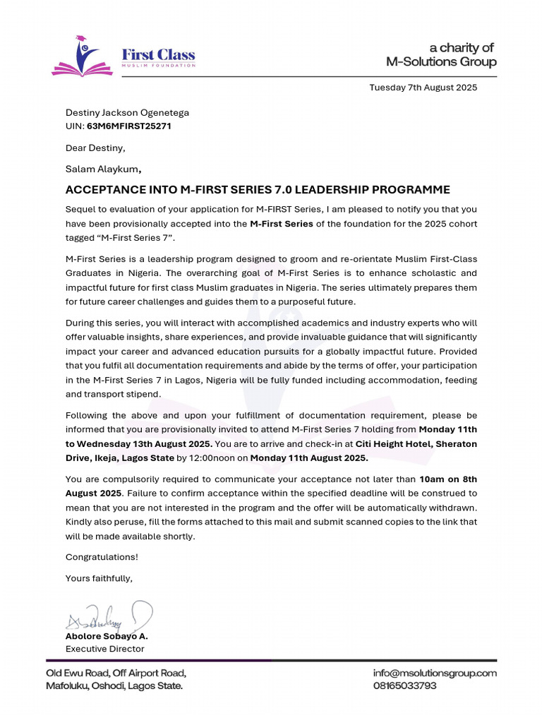 09-Mfirst s7 Selection Letter-21 | PDF