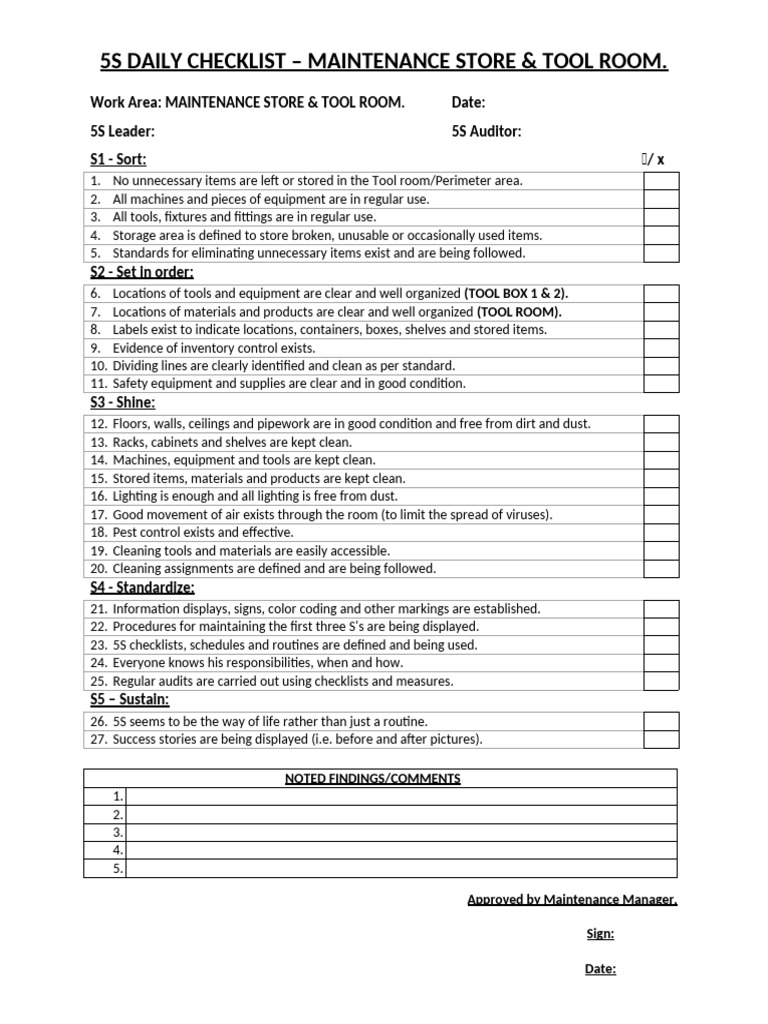 5S Daily Checklist for Tool Room | PDF