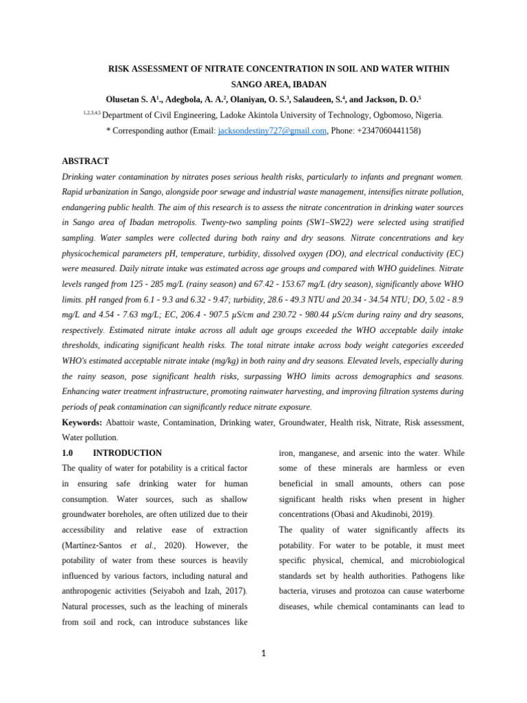 Nitrate Risk Assessment in Sango Water | PDF | Drinking Water | Nitrate