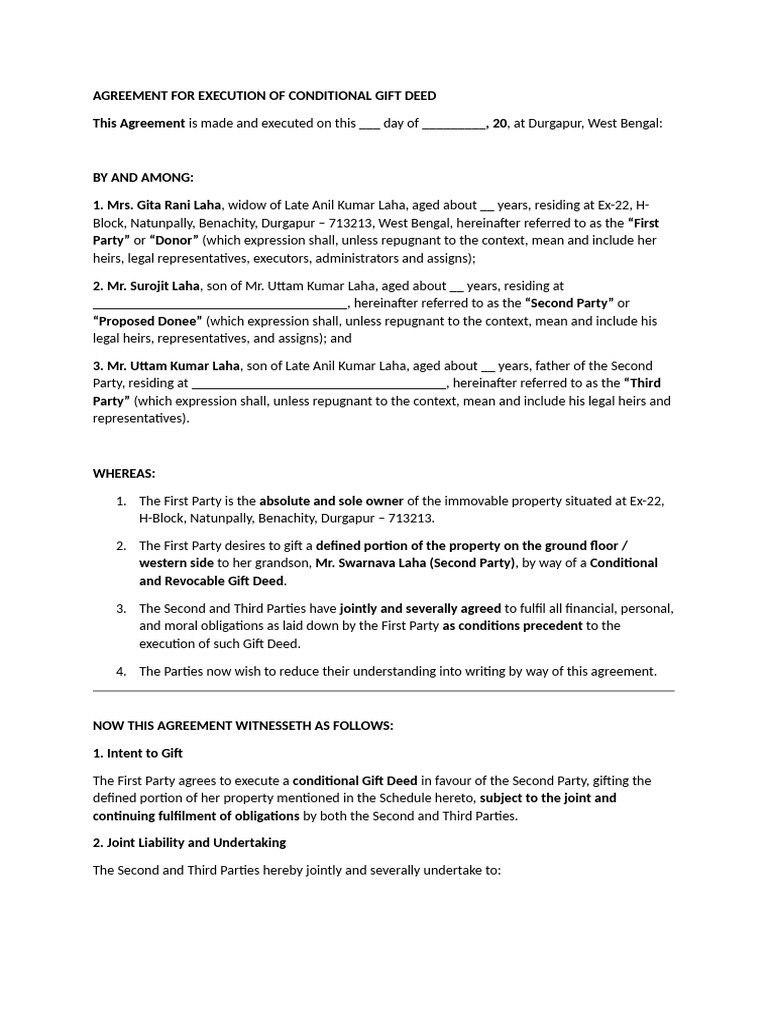 Conditional Gift Deed Agreement Durgapur | PDF | Deed | Property Law