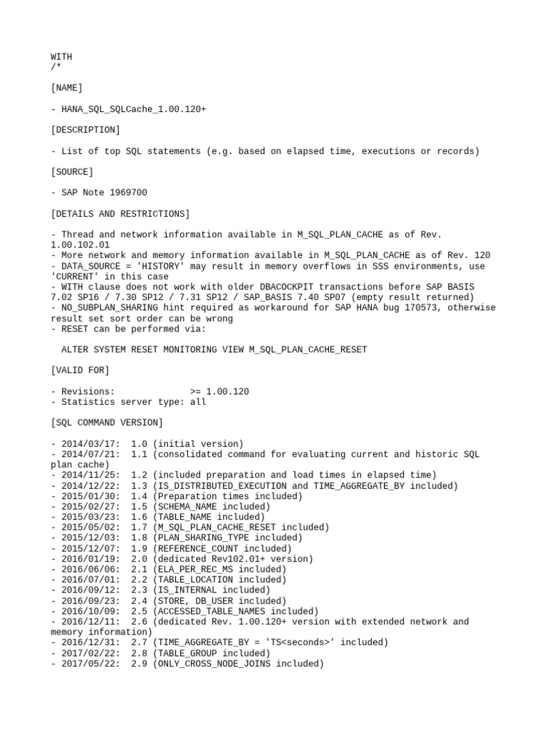 HANA SQL SQLCache 1.00.120+ | PDF | Table (Database) | Sql