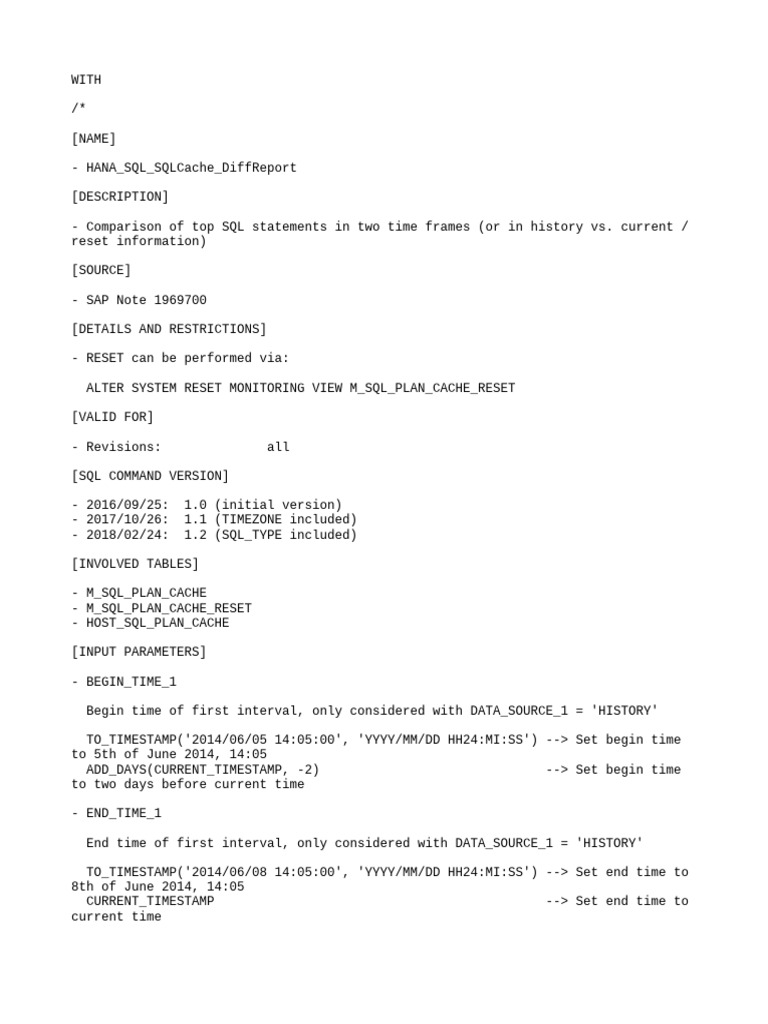 HANA SQL Cache Comparison Report | PDF | Sql | Table (Database)