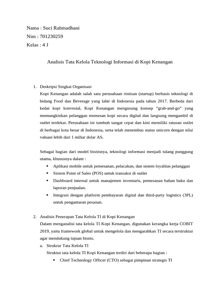 Tata Kelola TI di Kopi Kenangan: Analisis COBIT | PDF