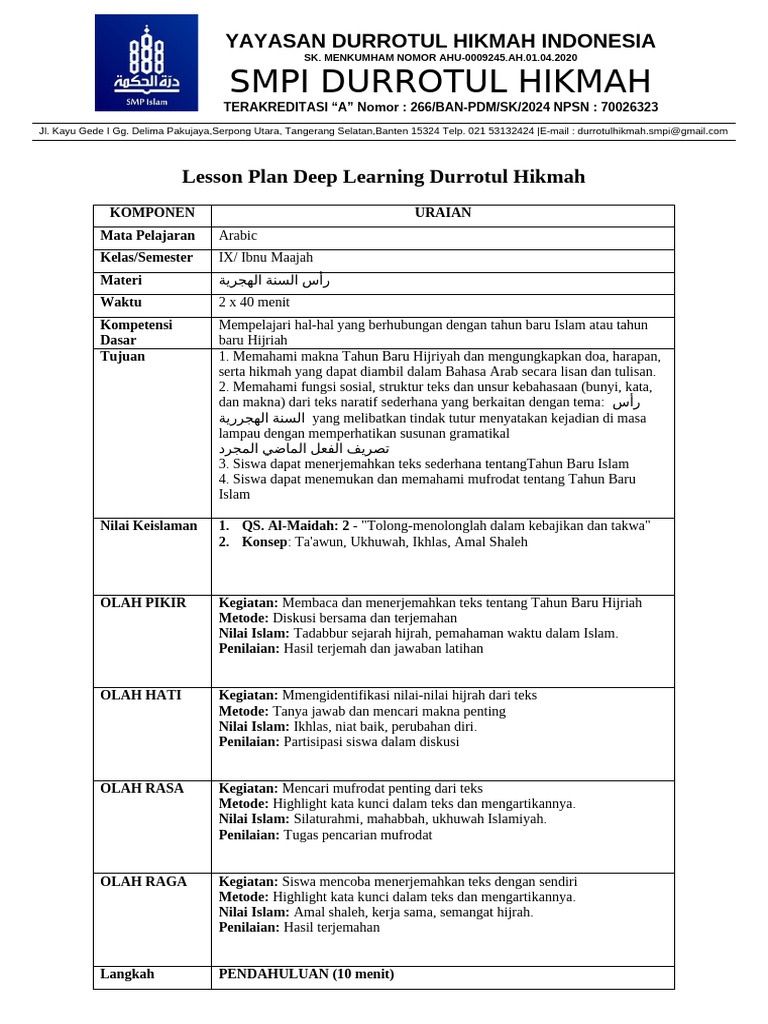 Lesson Plan Deep Learning Arabic 9, 30 Juli | PDF