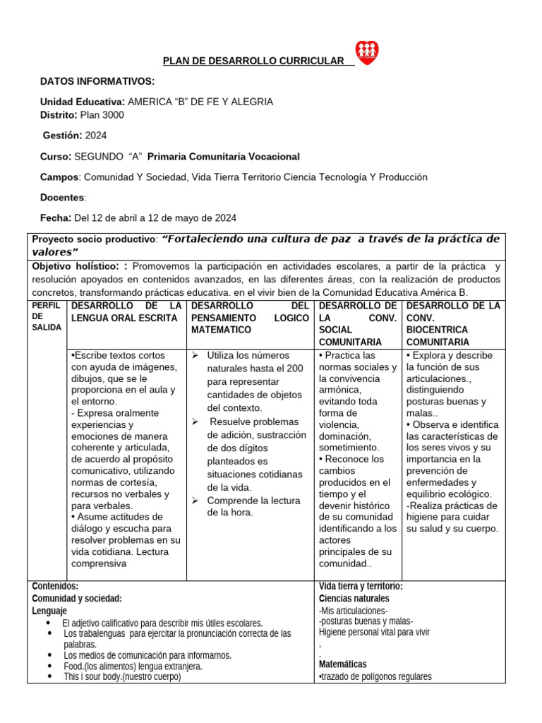 Plan de Desarrollo Curricular 2024 | PDF | Educación primaria