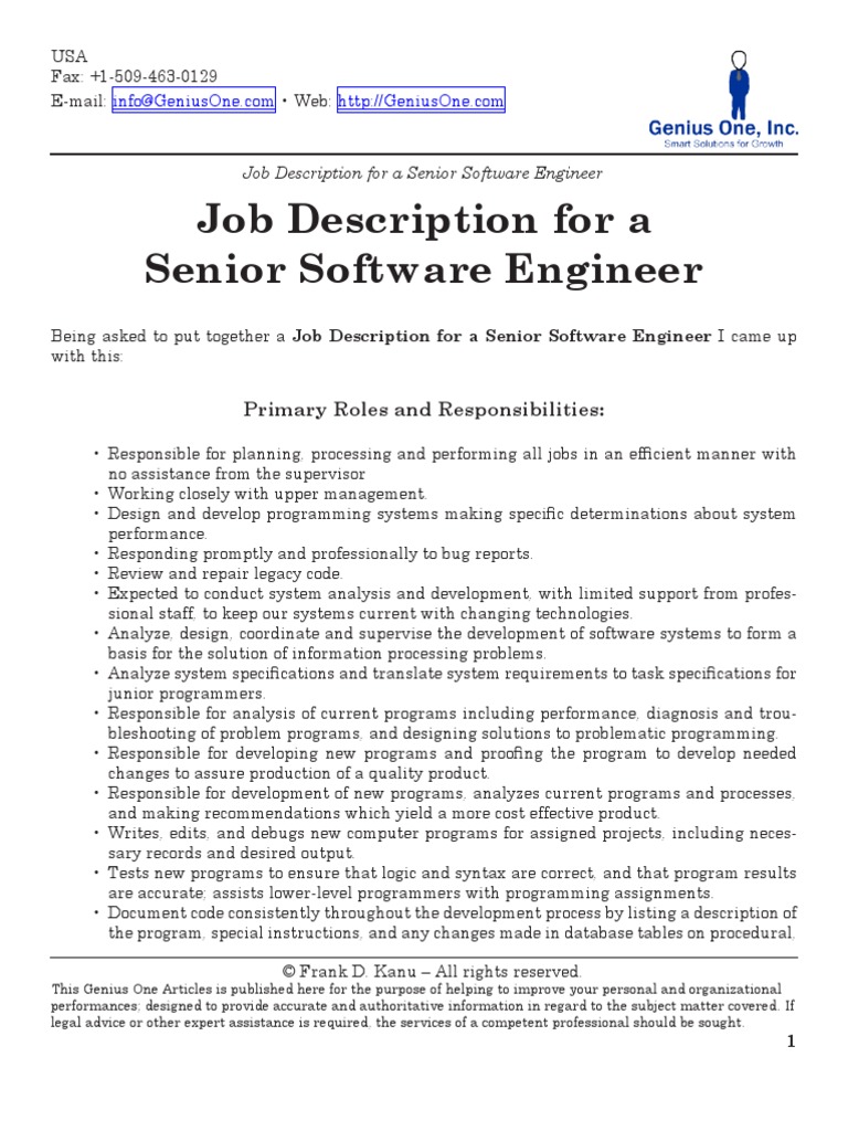 Job Description Senior Software Engineer | Programmer | Computer