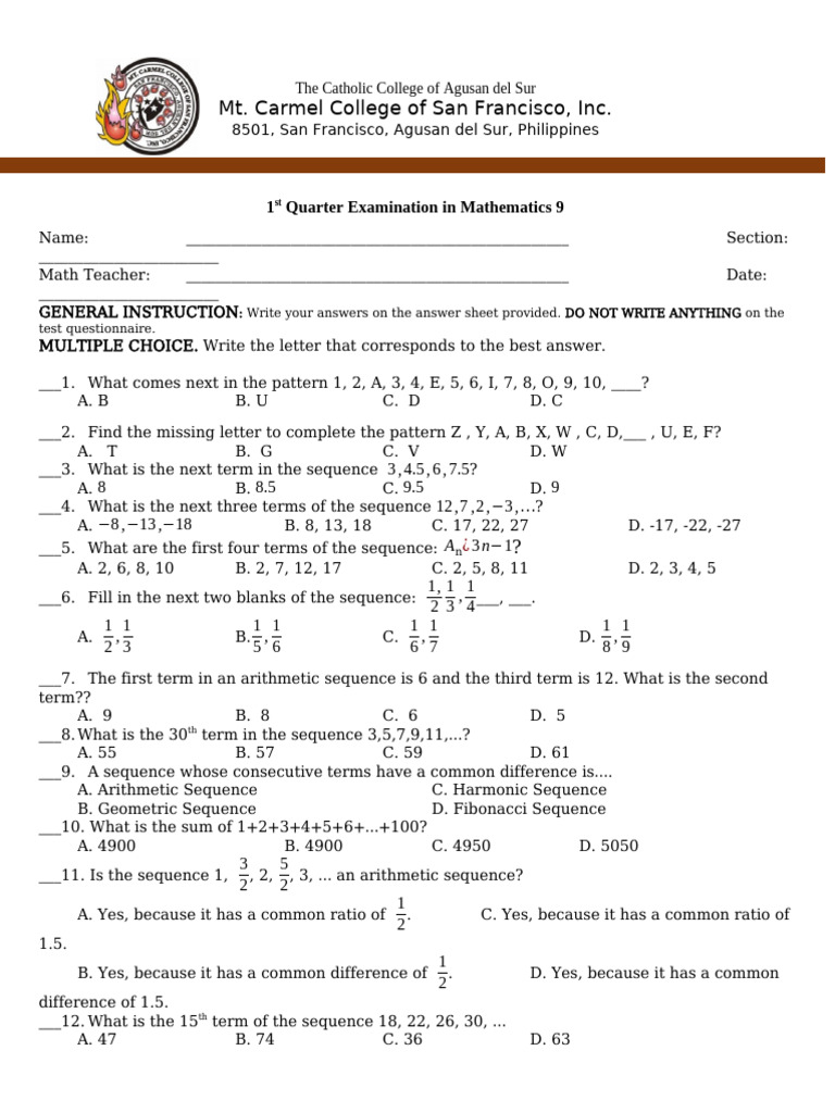 441968466 Grade 10 With TOS 1st Quarter Exam | PDF | Mathematical ...