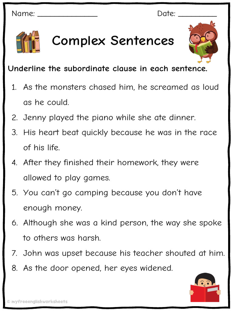 Complex Sentences Worksheet 1 Subordinate Clause | PDF