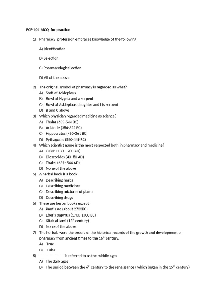 PCP 101 Pharmacy MCQ Practice Guide | PDF | Pharmacist | Pharmacy