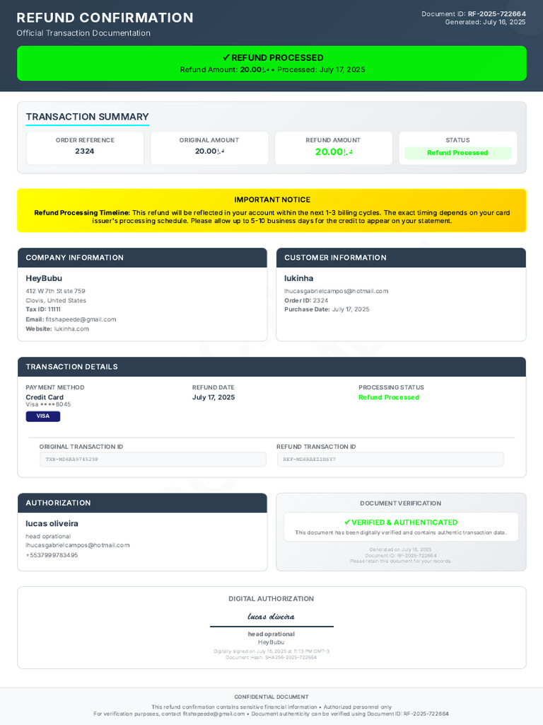 Refund Confirmation for Order 2324 | PDF | Credit Card | Visa Inc.