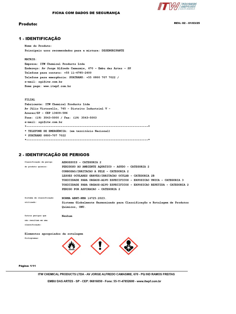 Ficha de Segurança: Desengripante ITW | PDF | Incêndios | Toxicidade